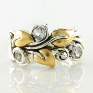 Barbara Bixby 18k Gold and Silver Art Nouveau Ring Leaves Vines and White Topaz